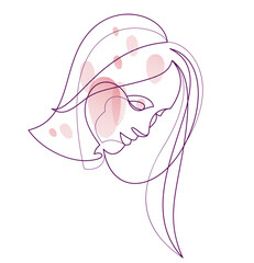 Beautiful face of attractive woman vector linear drawing, sensitive emotional line art adult girl portrait, feminine abstract face line art.