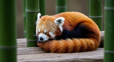 Adorable Red Panda Napping Amidst Bamboo Forest