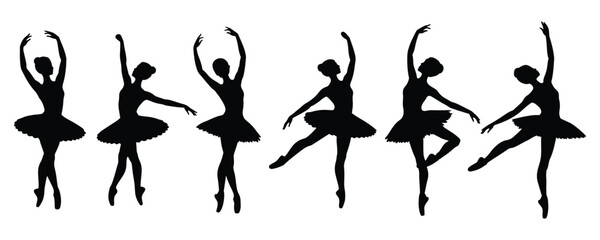 Ballerina silhouette collection, Dancing ballerina silhouette, Woman classic choreography dancer, Silhouette of ballerina dancing ballet, isolated on white background