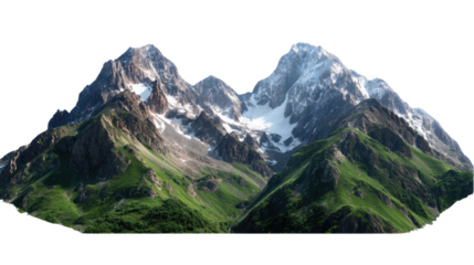 Majestic Mountain Landscape: Snow-capped peaks dominate a picturesque vista. lush green slopes cascading toward the viewer create a sense of natural beauty and grandeur.