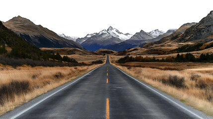 Asphalt road leading to snow covered mountain range in new zealand