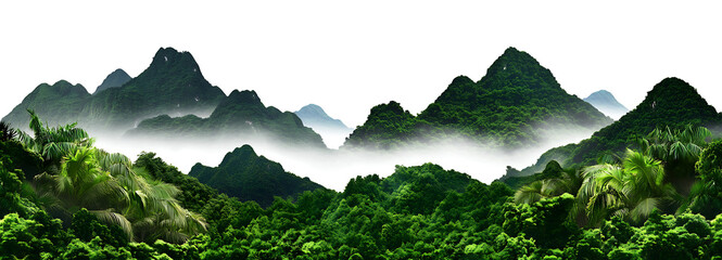 Lush green mountain landscape on transparent background with foggy valley