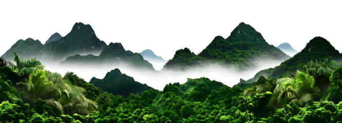 Lush green mountain landscape on transparent background with foggy valley