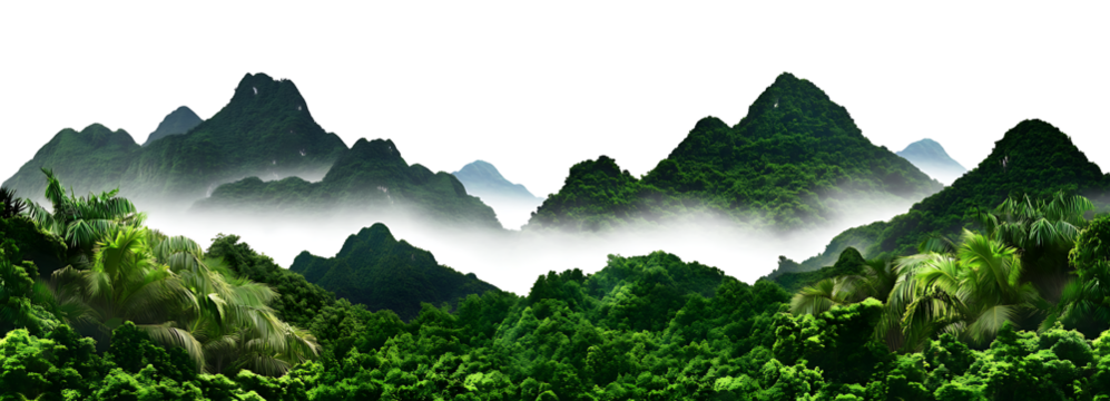Lush green mountain landscape on transparent background with foggy valley