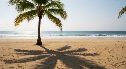 Obraz premium Serene Tropical Beach Scene: Lone Palm Tree on Golden Sand, Azure Ocean Waves Under a Clear Sky