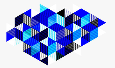 Blue vector abstract geometric background with cubes and different rhythmic shapes, isometric 3D abstraction art displaying city buildings forms look like, op art.