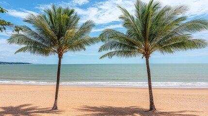 Fototapeta premium Tropical beach scene with two tall palm trees framing a calm, turquoise ocean and golden sand. A serene coastal landscape