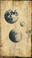 Three celestial bodies, sketched in shades of blue, on an aged parchment background