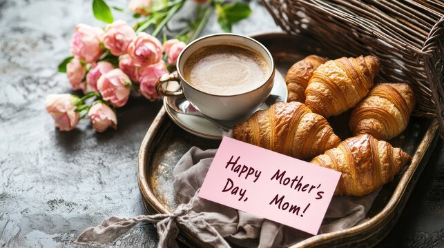 A close-up of a Mother's Day breakfast tray featuring coffee, croissants, and a pink note that says, "Happy Motherâ€™s Day, Mom!"