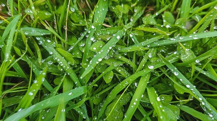 Vibrant green grass blades with sparkling dew drops wet leaf lush water plant fresh macro shiny rural