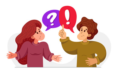 Young man has a good answer to a woman question and doubts, vector illustration of young people helping each other to solve some problem.