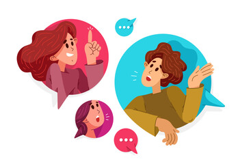 Team of young people having a discussion or brainstorm online, vector illustration of internet seminar webinar with a coach, or leader with team of employees having work communication.