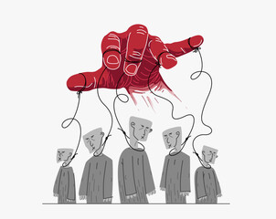 Hand of a toxic manipulator controls his victims, social zombies concept, social manipulations dictatorship and control, cultural code, vector illustration of psychological manipulation.