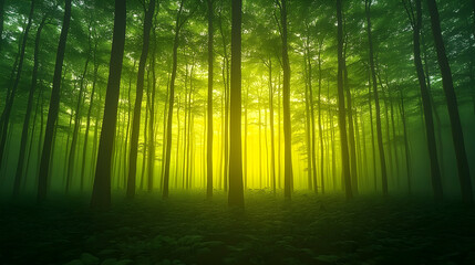 Fototapeta premium A misty forest with tall trees and a bright yellow light shining through