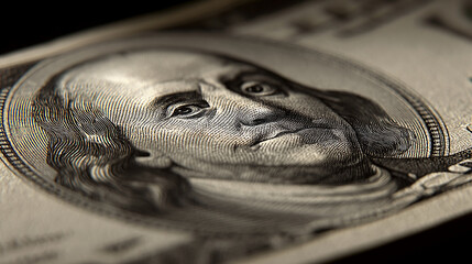 Close-up of Benjamin Franklin's portrait on a hundred-dollar bill, showcasing intricate print detail, symbolizing wealth, finance, and American currency