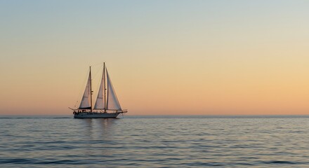 Fototapeta premium Serene Sunset Sailboat: A Peaceful Evening on the Open Ocean