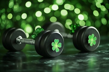 A St. Patrick's Day fitness celebration features dumbbells sporting Irish-themed accessories, promoting health and excitement during holiday health campaigns.
