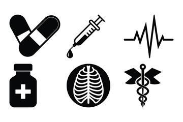Fototapeta premium Medical Icons Healthcare Symbols, Pills, Syringe, ECG, Medicine Bottle, Ribcage, Caduceus