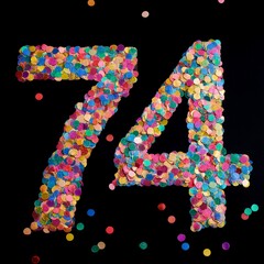 Number 74 made out of confetti with black background. Photo for seventy-fourth birthday or anniversary party