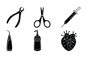 Medical Instruments and Supplies Icons Pliers, Scissors, Syringe, Lotion, and Heart Illustration