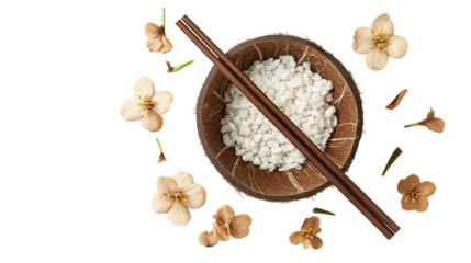 Flat lay of fresh coconut with straw and flower garnish, top view, isolated on white, PNG