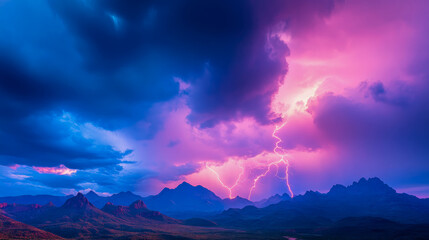 Electric Storm: A Dramatic Landscape with Lightning over Mountain Peaks, Emphasizing Nature's Power and Atmospheric Intensity