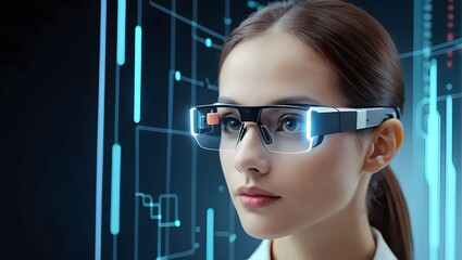 Woman Wearing Smart Glasses with Futuristic Interface Background