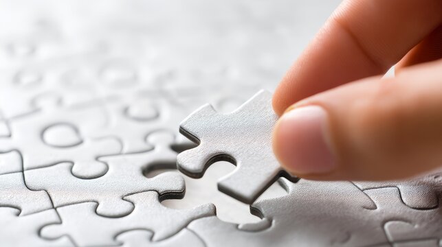 Puzzle piece being placed on a completed puzzle, close-up, soft overhead light, f/4.0, clean background 