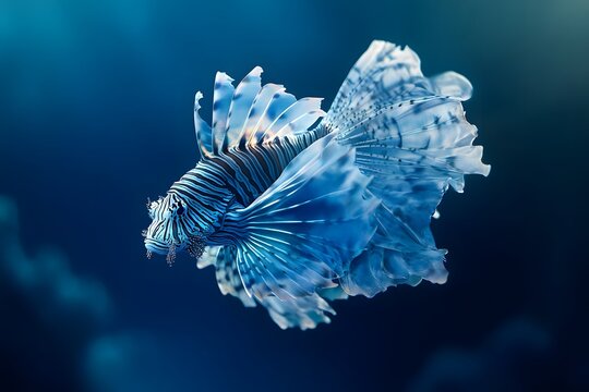 Close up of a blue and white striped lionfish swimming in a dark blue ocean environment underwater