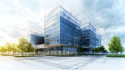 Fototapeta premium Modern glass skyscraper architectural design rendering showcasing blueprint overlay on a landscape with trees Clean l
