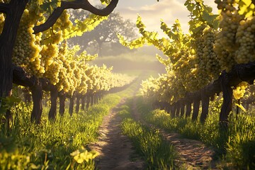 A stunning early morning vineyard scene features Pinot Blanc grapes glistening in the sunlight, perfect for wine marketing and editorial content celebrating viticulture.
