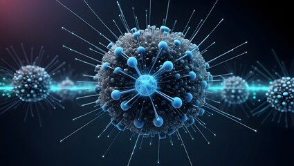 Blue Microscopic Virus with Spiky Projections on Dark Background