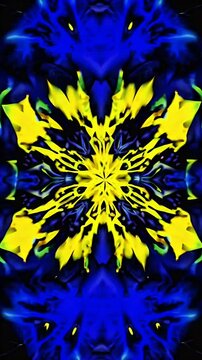 Psychedelic abstract loop featuring sacred geometry inspired kaleidoscopic patterns liquid like textures green yellow dark background ideal VJ loops