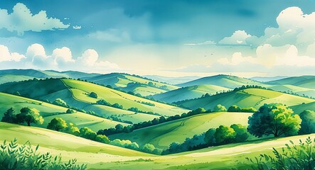 Fototapeta premium Rolling hills in the countryside on nature watercolor soft greens and blues