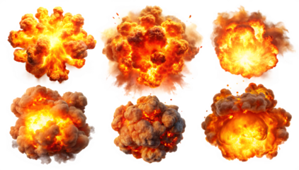 set of fiery explosion busting isolated on white background