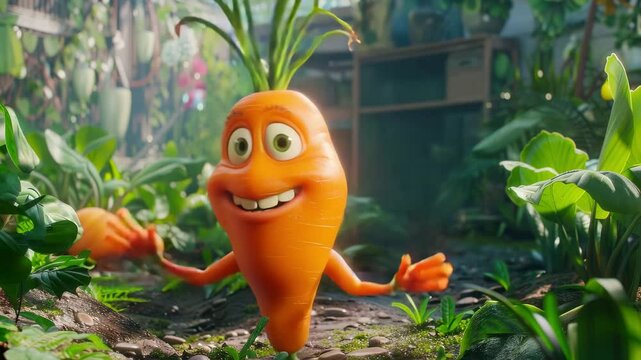 Cheerful animated carrot character with big eyes and smile in vibrant garden with green plants and soil, happy vegetable full of life