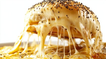 Delicious melted cheese pull on sesame bagel appetizer food tasty brown white lunch yummy snack bread