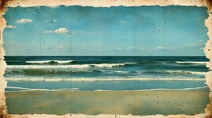 A vintage postcard depicting a serene seascape with gentle waves rolling onto a sandy beach beneath a blue sky with a single cloud