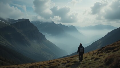 A lone figure stands on a grassy hillside, gazing out over a majestic valley filled with mist