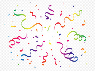 Explosion Colorful Confetti and Ribbon Streamer on Transparent Background. Congratulations Wallpaper. Celebration Party Banner. Happy Birthday. Vector Illustration