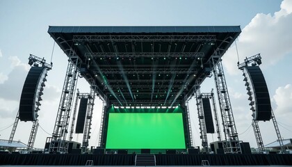 An empty concert stage stands ready, illuminated by powerful lighting that creates a sense