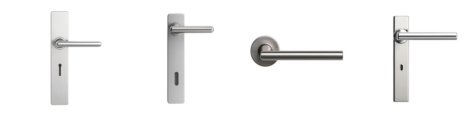 Modern chrome metal door handles in a minimalist design.