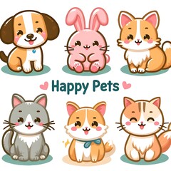 Kawaii Animals Clipart Bundle – Cute Puppy, Bunny with Bow, and Kitten with Cupcake and Carrot for Crafting, Sublimation, and Nursery Decor.