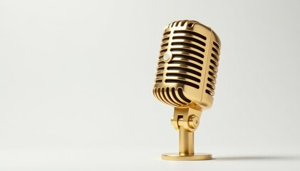 Fototapeta premium Close-up shot of a single gold microphone on white background, metal, rhythm, luxury