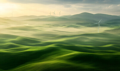 Obraz premium Rolling green hills with wind turbines under misty sky landscape scene