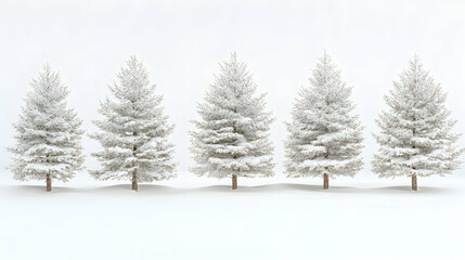 Fototapeta premium Five snow-covered evergreen trees stand in a row against a white background