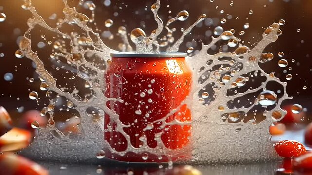 Red soda can exploding with water splashes and strawberries