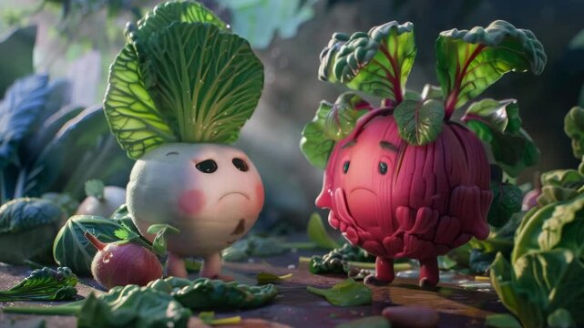 Two animated sad vegetable characters with crying leaf tops stand among green leafy greens soft natural light, showing deep emotion and gentle tears