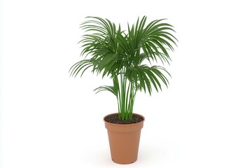 Obraz premium Lush green palm plant in a terracotta pot, showcasing vibrant foliage against a white backdrop