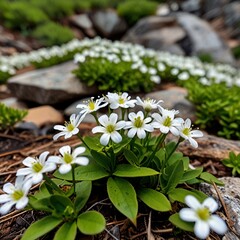 White flowers with green leaves grow at the foot of the mountain.